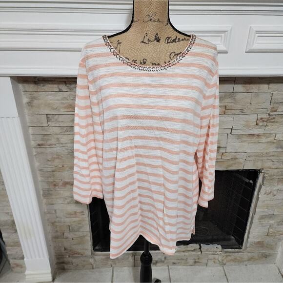Chico's pale orange and white striped tied neck beaded and jeweled shirt sZ 3 XL - Picture 5 of 9